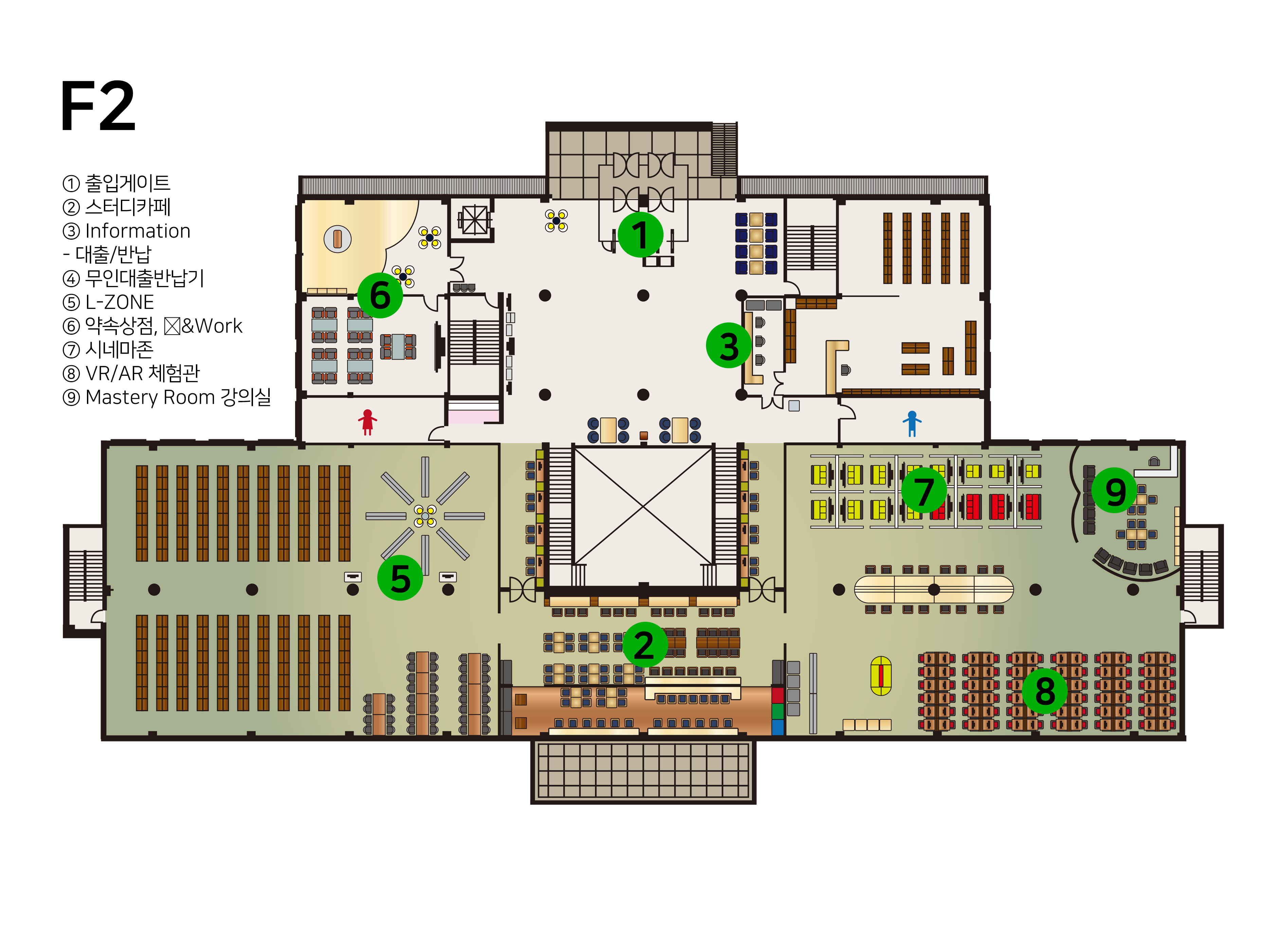 F2층 Research & Commnication Commons 평면도 이미지로 1.출입게이트 2.스터디카페 3.Information-대출/반납 4.무인대출반납기 5.L-ZONE 6.休 & Work-휴식공간&세미나실 7.시네마 Area 8.PC Area 9.글로벌 빌리지에 대한 위치를 안내합니다.